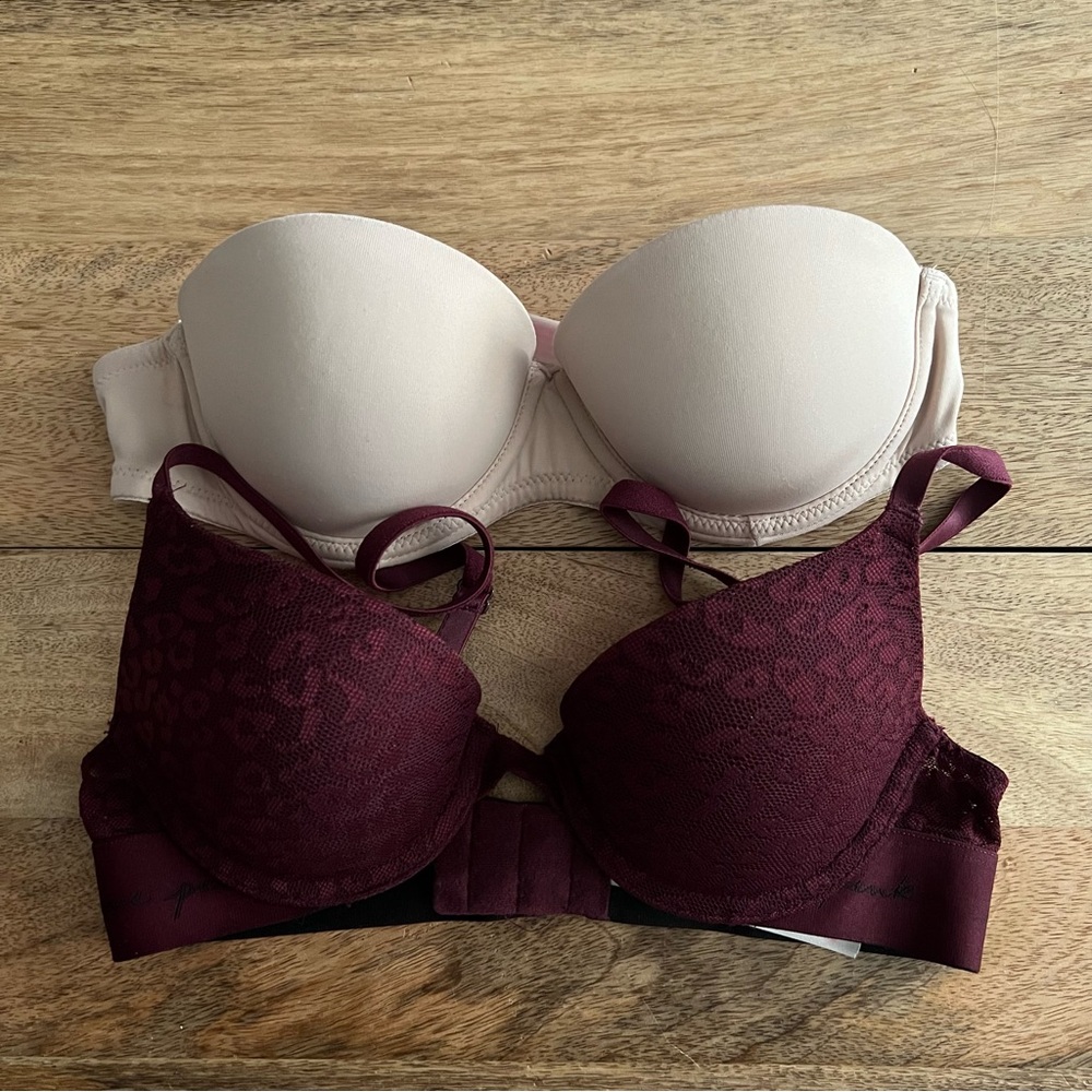 Pink 32A Push-Up Bra - Nude and Burgundy